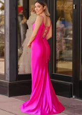 Abigail|Hot Pink Mermaid Corset Satin Formal Dress with Slit - Hot Pink - PromDressClub